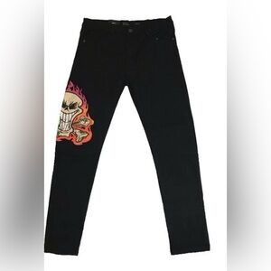Men’s ZCL Flaming Skull Skinny Black Jeans Size-30 Petite Men’s Jeans